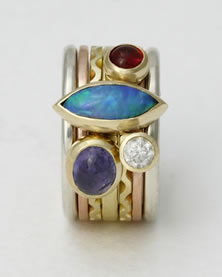 'Stacking Ring multi-stone' in mixed metals with marquise cut Opal, Tanzanite, Ruby and Diamond